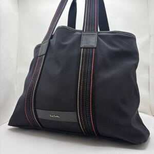 美品/大容量● ポールスミス Paul Smith マルチストライプ トートバッグ ビジネスバッグ ブリーフケース A4 PC◎ 大容量 肩掛け メンズ 黒