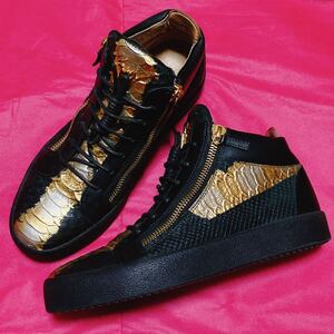 美品 ジュゼッペザノッティ 金 蛇革 ミドルカット スニーカー 42 Giuseppe Zanotti ゴールド GOLD スネーク snake パイソン Python leather