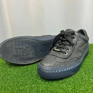 【即決】ジミーチュウ JIMMY CHOO 42.5 27cm アーガイル スタースタッズ スニーカー クロコ 型押し ラインストーン 靴 メンズ ネイビー