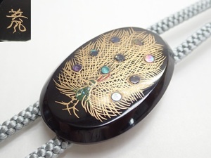 Q099　ループタイ　本鼈甲　在銘　金蒔絵螺鈿飾り　孔雀　クジャク　べっ甲製　52cm　アクセサリー　bolo　loop tie