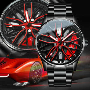 【Red】メンズ高品質腕時計 海外人気ブランド OLEVS 防水 クォーツ式 メタルバンド　ロータリースポーツリム腕時計