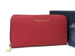 ■美品■ ARMANI JEANS アルマーニジーンズ パテントレザー ラウンドファスナー 長財布 ウォレット レディース レッド系 DE7870