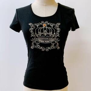 S263 ★美品★Dinard Raptis レディース Tシャツ 半袖 レース 黒 ビジュー ストレッチ 万能 フェミニン 夏 モノトーン 刺繍 ラウンドネック