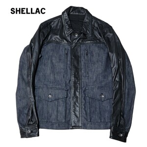 【未使用】シェラック SHELLAC 牛革切替 デニム トラッカージャケット L レザージャケット 濃紺 デニムジャパン 黒 ミリタリージャケット