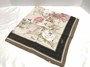 ■【YS-1】 状態良好 ■ ニナリッチ NINARICCI スカーフ ■ 花柄 シルク100% ブラウン系 × ベージュ系 78.5cm×78.5cm 【同梱可能商品】D