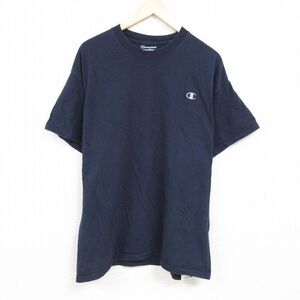 XL/古着 チャンピオン Champion 半袖 ブランド Tシャツ メンズ ワンポイントロゴ 大きいサイズ コットン クルーネック 紺 ネ