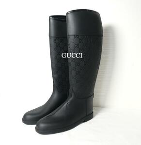 訳アリ GUCCI グッチ シグネチャー柄 ラバー レインブーツ ロングブーツ ブーツ 黒 ブラック サイズ22