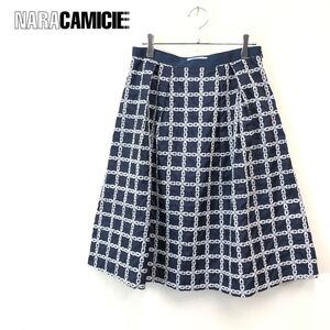 1O1759-F-N◆ NARA CAMICIE ナラカミーチェ 総柄スカート ボトムス 刺繍 ◆ size2 ポリエステル ネイビー 古着 レディース