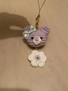 ハンドメイド あみぐるみ ストラップ クマ 紫 お花