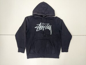 1．USA製 STUSSY 00s デカロゴ ショーンフォント プリント フェード スウェット パーカー プルオーバー ステューシー メンズS 紺y806