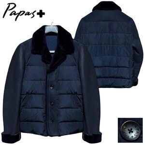 希少 極美品 定価20万 Papas ＋ パパス プラス 極上リアルムートン レザー 切替 ハイブリッド ダウンジャケット M 紺 羊革 日本製 ブルゾン