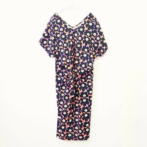 GH0856＝■美品■marimekko マリメッコ Vネック フレンチスリーブ ワンピース XS コットン カットソー ウエストリボン ミニウニッコ柄 花柄