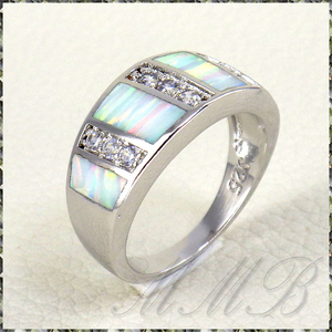 [RING] White Fire Precious Opal 925 Sterling Silver Plated ビューティフル 4 ファイア プレシャス オパール シルバー リング 21号