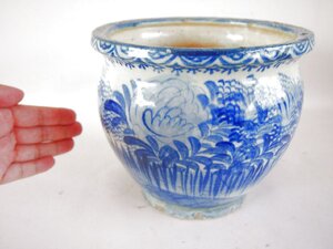 明治時代 尾張焼染付壷19ｃｍ 古瀬戸 メダカ鉢 水連鉢 甕 水差 茶道 花道 花器 花瓶