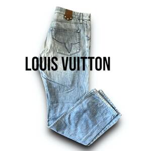 C09 美品 定価18万 42 L前後『ルイヴィトン LOUIS VUITTON』ワッペン LV モノグラム刺繍 ロゴ デニムパンツ ジーンズ 人気のライトブルー