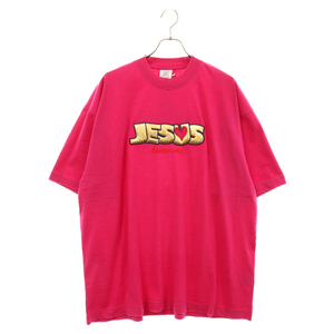 VETEMENTS ヴェトモン 23SS Jesus Loves You T-shirt ジーザス 刺繍デザイン ダメージ加工 半袖Tシャツ ピンク UE63TR400P