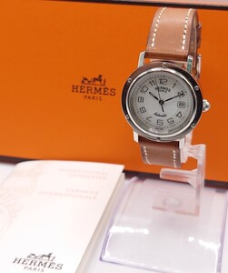 【N422】 美品 HERMES クリッパー CL5.210 シェル文字盤 自動巻き レディース ボーイズ 腕時計 革ベルト 箱 ギャランティー 付 稼働品 