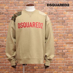 秋冬/DSQUARED2/Lサイズ/丸首トレーナー S74GU0643 裏起毛 あたたか 迷彩切替 ダメージ加工 ロゴ イタリア製 新品/ベージュ/jd273/