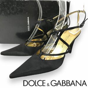 n225 DOLCE&GABBANA ドルチェ&ガッバーナ サテンレザー パンプス ハイヒール ブラック 黒 イタリア製 36.5 フォーマル ビジネス 正規品