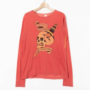 Ed Hardy トップス エドハーディー レッドオレンジ系 長袖Tシャツ スカル プリント パンク カジュアル ロック M 紳士 メンズ 春秋 USA製