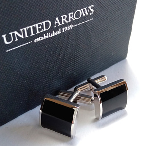 【uac165】UNITED ARROWS ユナイテッドアローズ 　カフス　カフリンクス　シルバー×ブラック　オニキス　定価11,000円 Dシェイプ/スクエア