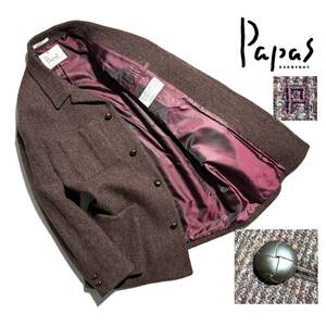 美品【定価7万超】Papas パパス ツイード ハーフコート L メンズ【英国SYDNEY H SHAW生地】Pロゴ刺繍 ジャケット ウール 保温性抜群 日本製