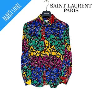 【超美品】SAINT LAURENT グラフィティ プリント シルク シャツ 総柄 マルチカラー