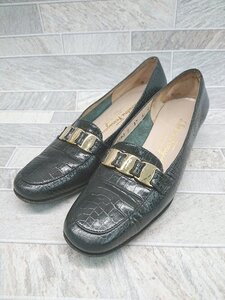 ◇ Salvatore Ferragamo クロコダイル調 型押し VARA ヴァラ ローヒール パンプス サイズ37 ブラック レディース P