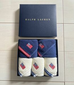 新品　未使用　Ralph Lauren ポロラルフローレン　ハンドタオル　5枚セット箱入り　ネイビー紺・ホワイト白　ハンカチ星条旗