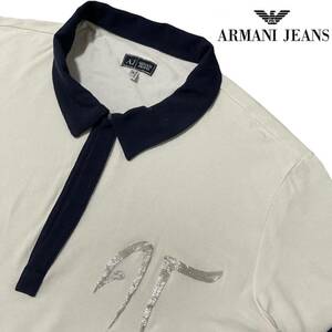 イタリア製【ARMANI JEANS】溢れる高級感 スキッパーシャツ 白シャツ アルマーニ シルバー ロゴ刺繍 Mサイズ 良品 ジョルジオアルマーニ