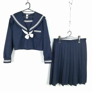 1円 セーラー服 スカート リボン 上下3点セット 大きいサイズ 特大 冬物 白3本線 女子 学生服 中学 高校 紺 制服 中古 ランクC EY0085