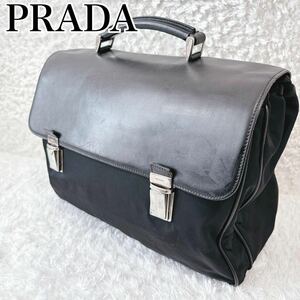 1円～ PRADA プラダ ロゴ V119 テスートナイロン×レザー ビジネスバッグ トートバッグ メンズ ブラック 入手困難 本革 シルバー金具