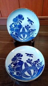 （670）印判雀と鞠と花図皿2枚組 骨董品 古美術