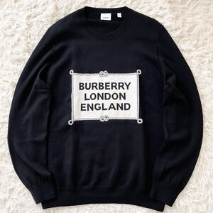 極美品 現行 XLサイズ BURBERRY メリノウール100% ロゴ ニット ブラック ホワイト バーバリー メンズ クルーネック セーター 黒 白