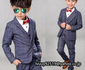 子供 男の子 ファッションな フォーマル スーツ チェック柄 ボーイズ 上下3点セット 入園式 結婚式 3色 色選択可