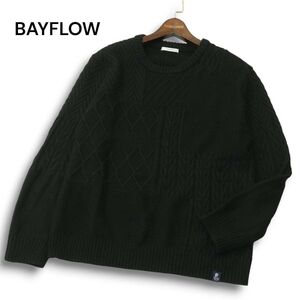 美品★ BAYFLOW ベイフロー 秋冬 ウール混★ 切替デザイン クルーネック ニット セーター Sz.4　メンズ 黒　A4T10451_A#K