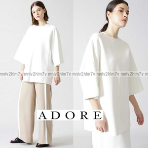 定42900円【ADORE　アドーア】ドライストレッチニットプルオーバー　オーバーサイズ　ホワイト白　ビッグシルエット　クルーネック