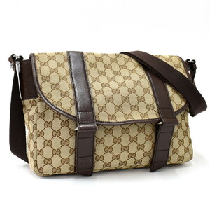 1円 ◆美品 GUCCI グッチ ショルダーバッグ メッセンジャー 145859 GGキャンバス レザー ベージュ ブラウン◆E.Cmgs.tI-02