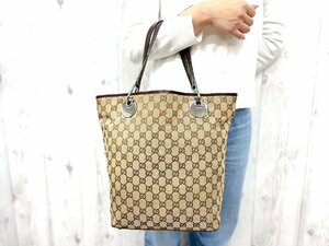 極美品 GUCCI グッチ GGキャンバス トートバッグ ショルダーバッグ バッグ キャンバス×レザー 茶系 A4可 77063Y