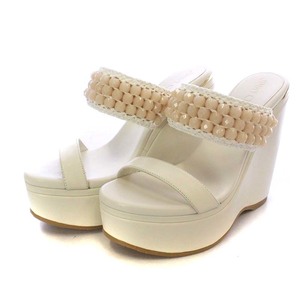 ジミーチュウ JIMMY CHOO Amoure Wedge 130 ナッパ レザー ウェッジ サンダル ビーズ ラフィア プラットフォーム 35 アイボリー