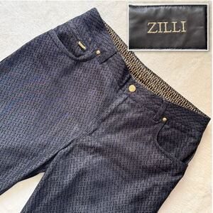 超激レア!!!美品/希少XL相当!!◎ZILLI ジリー【圧巻の総柄ロゴ!!!】デニムパンツ G ジーンズ ボトムス レザータグ シルク 金 ゴールド金具 