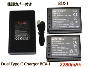 BLX-1 互換バッテリー 2280mAh 2個 BCX-1 Dual Type-C USB 急速互換充電器 バッテリーチャージャー1個 オリンパス OM SYSTEM OM-1 Mark II