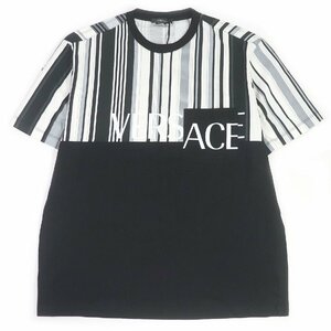 未使用品□VERSACE ヴェルサーチ 2020年製 A89002 コットン MITCHEL FIT ストライプ柄 カットソー 半袖Ｔシャツ 黒 XL イタリア製 正規品