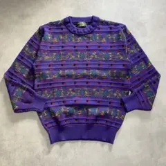 Vintage Wool 3D knit セーター 総柄 レトロ L AI45