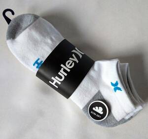 Hurley X ハーレー スニーカーソックス/靴下 25-27cm 白×ブルー/ブラック/グレーロゴ 新品3足組 吸汗速乾
