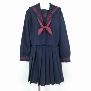 1円 セーラー服 スカート スカーフ 上下3点セット 大きいサイズ 冬物 赤3本線 女子 学生服 大阪プール学院中学高校 紺 中古 ランクC NA7124