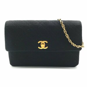 1円 良品 CHANEL シャネル ココマーク バイアス ライン コットン ターンロック チェーン ショルダー バッグ ブラック a4495