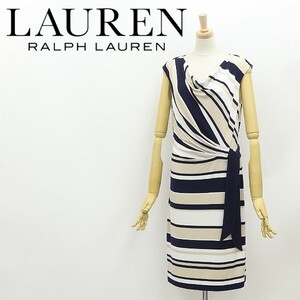 ◆RALPH LAUREN DRESS ラルフローレン マルチボーダー柄 ストレッチ ウエストサイドリボン ドレープ ノースリーブ ワンピース 8