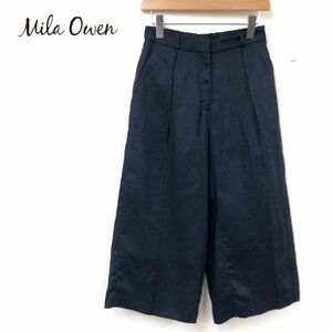 G2546-W◆Mila Owen ミラオーウェン リネンパンツ 裏地付き タック ワイド クロップド丈 ナチュラル系◆size:1 ネイビー系 リネン100