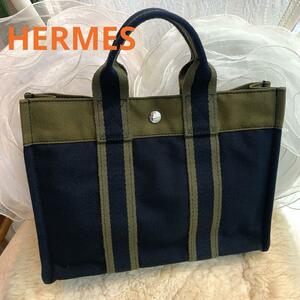 ☆超美品☆HERMES フールトゥPM スモールトートバッグ カーキxネイビー